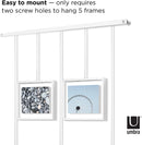 A contemporary white photo display featuring five square frames suspended from a horizontal bar by thin rods.
