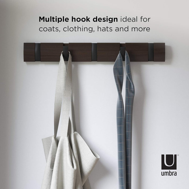 Umbra Flip 5 Wall Mounted Floating Rack – Modern, Sleek, Space-Saving Hanger with Retractable Hooks to Hang Coats, Scarves, Purses, Walnut/Black