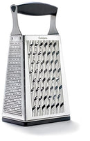 Stainless steel four-sided box grater with black handle.