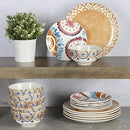 A collection of round ceramic plates featuring diverse patterns, including mandalas and florals, in a vibrant blue and orange color palette.