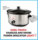 Stainless steel slow cooker with black lid and control dial.