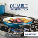 Farberware 15-Piece Aluminum Nonstick Cookware Set in a teal exterior with a light gray nonstick interior. The set includes various pots and pans with glass lids and black handles, along with a baking sheet and a set of black Prestige kitchen tools shown in an inset image.