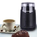 Black electric coffee grinder with a clear lid, featuring a textured body.