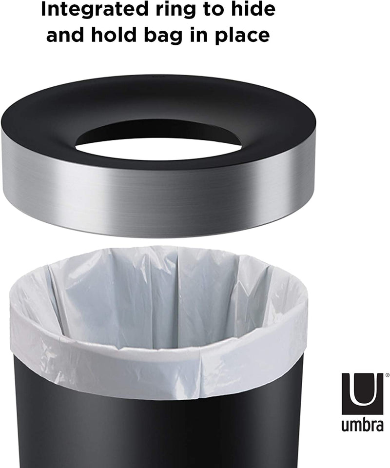 Umbra Vento Open Top 16.5-Gallon Kitchen Trash Large, Garbage Can for Indoor, Outdoor or Commercial Use, Black/Nickel