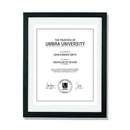 Sleek black frame with a whiBlack Umbra 13x16 inch picture frame with floating glass panels displaying a certificate against a white background.te mat