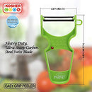 Green Y-peeler with "Heavy Duty, Ultra Sharp Carbon Steel Swiss Blade" and "Easy Grip." Kosher-certified.
