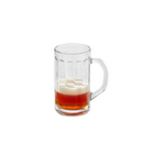 A 17 oz clear glass beer mug with a weighted base and a comfortable handle, partially filled with amber-colored liquid and a foamy head.