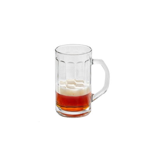 Clear 17 oz Vikko Nicol beer mug with a sturdy handle and weighted base, displayed on a white background.