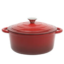 Red 5QT enameled cast iron Dutch oven with lid, displayed on a white background.
