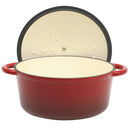 Red 5QT enameled cast iron Dutch oven with lid, displayed on a white background.