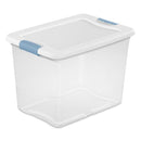  Clear Sterilite 25 Quart plastic latching storage box with white lid and side latches, shown closed on a white background.