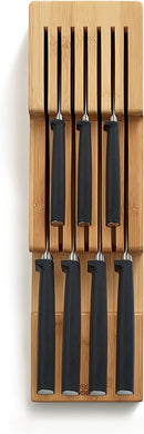 Joseph Joseph bamboo knife organizer with two tiers holding up to 9 knives.
