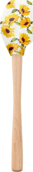 Tovolo Sunflower Field spatula with a wooden handle and sunflower design on the silicone head, shown on a white background.
