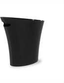 A pair of slim, black, oval-shaped trash cans with a slightly tapered design. Each can has a handle integrated into its top rim, which is cut at an angle.