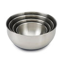A set of four stainless steel mixing bowls with a brushed finish, nested neatly inside each other, with a dark non-slip base on the outer bowl.