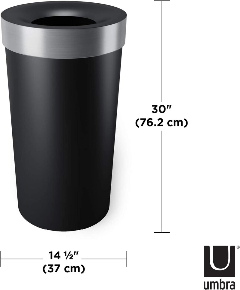 Umbra Vento Open Top 16.5-Gallon Kitchen Trash Large, Garbage Can for Indoor, Outdoor or Commercial Use, Black/Nickel