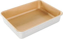 Nordic Ware silver rectangular nonstick cake pan with smooth interior on a white background.
