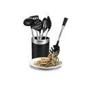 A black kitchen utensil crock holding six black-handled nylon tools, displayed on a white background.
