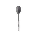 A gray Farberware solid cooking spoon, made of nylon with a matte finish on the spoon head and a sleek light gray handle with a metallic Farberware logo.