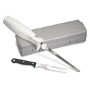 Electric carving knife and fork set with gray storage case.