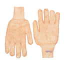 A pair of peach-colored, fuzzy cloth gloves designed for cleaning and polishing silver.