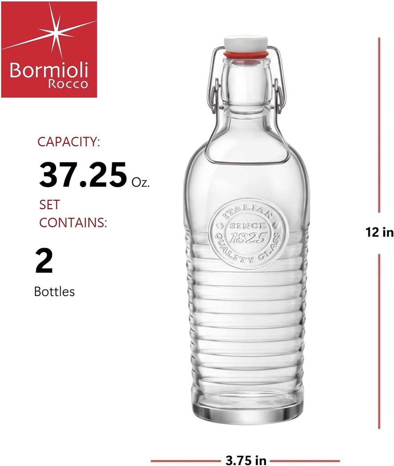 Bormioli Rocco Officina 1825 set or 2 Glass Bottles 37.25 oz, Italian Pitchers, Airtight Seal & Metal Clamp, Easy To Carry Handle, Dishwasher Safe & Eco-Friendly, Safe For Infused & Carbonated Drinks.