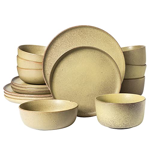 Gibson Elite James Street 16 Piece Stoneware Matte Reactive Double Bowl Dinnerware Set - Toast Cream, Service for 4 (16pcs)