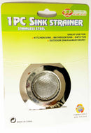Stainless steel 2-inch sink strainer with perforated design and removable basket on a white background.