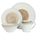 16-piece stoneware dinnerware set in taupe with a reactive glaze and an embossed spiral pattern, including dinner plates, dessert plates, cereal bowls, and mugs.