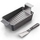 Elbee Home stainless steel meatloaf pan featuring a removable, perforated inner tray for easy grease drainage and lifting, shown with a matching serving spatula.