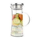 50 oz Clear glass carafe with a stainless steel lid with a modern design and easy-pour spout.