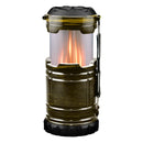 Compact black pop-up lantern with flickering flame and flashlight features, shown standing upright on a white background.