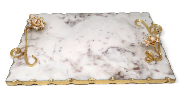 White Marble Tray With Enameled Flower Handle 16" X 11"