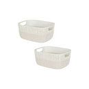 A 2-pack of rectangular, off-white plastic storage baskets with an open woven pattern and integrated handles.