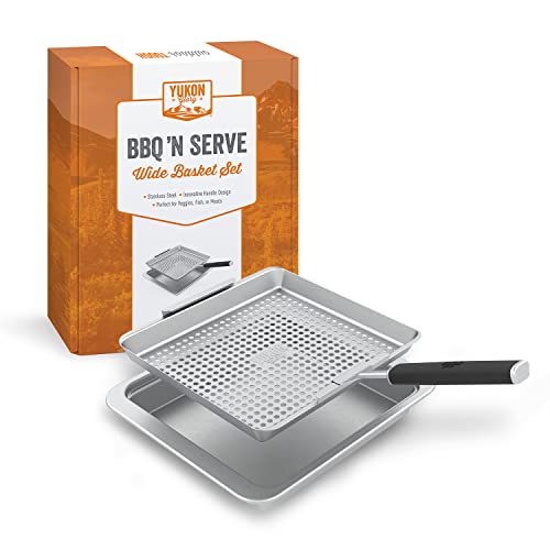 Yukon Glory BBQ 'N SERVE Wide Basket Set - BBQ Grill Basket - The Grilling Basket Includes a Serving Tray & Clip-On Handle - Perfect Grill Baskets for Outdoor Grill Vegetables or Fish Basket & Meat