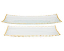 Clear rectangular glass serving tray with a decorative, textured gold-tone rim.