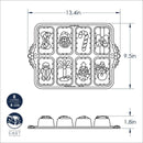 dimensions for Nordic Ware silver holiday mini loaves pan with eight festive mold designs on a white background.