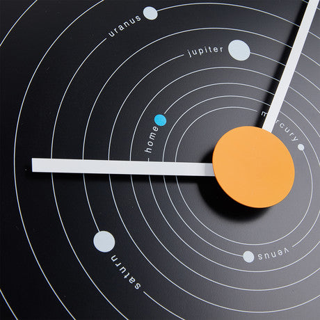 16-inch metal wall clock featuring a solar system design with planets orbiting a bright orange sun at the center, displayed on a white background.