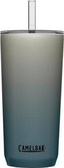 A stainless steel travel tumbler with a silver to deep mint green ombre finish, a clear lid, and a clear reusable straw. The CamelBak logo is visible at the bottom.