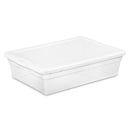 A clear plastic 28-quart storage box with an opaque snap-on lid, shown closed and empty on a white background.