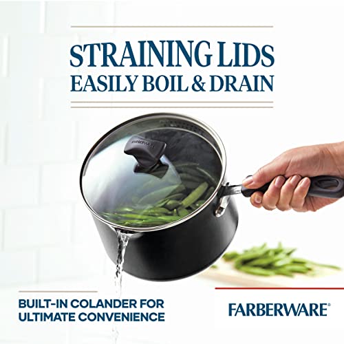 Farberware Cookstart DiamondMax Nonstick Straining Saucepan, Dishwasher Safe, 3 Quart, Black