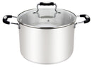 A large, straight-sided stock pot made of brushed stainless steel with a glass lid and black silicone-wrapped handles on the pot and lid.