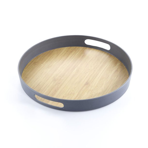 Round serving tray with a natural bamboo base and a matte gray metal rim featuring built-in handles. Stylish and functional for serving food, drinks, or home decor display.