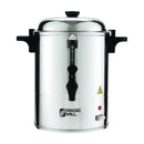 Magic Mill MUR35 stainless steel hot water urn with a polished finish, featuring an adjustable thermostat and spout, designed for 35-cup capacity