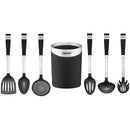 A black kitchen utensil crock and six black-handled nylon tools, displayed on a white background.