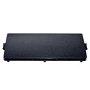 A rectangular, black electric hot plate with a speckled enamel surface, black handles on the short sides, and four small feet.