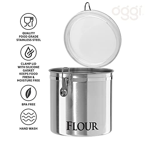 Oggi Jumbo 8" Stainless Steel Flour Clamp Canister - Airtight Food Storage Container Ideal for Kitchen & Pantry Storage of Flour or other Bulk, Dry Foods.