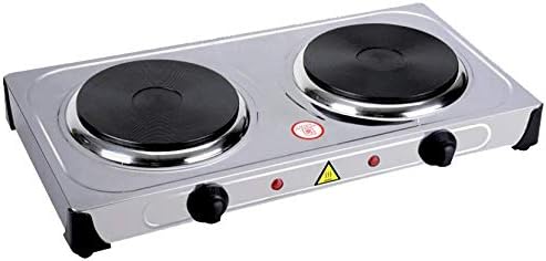 Compact double electric burner with stainless steel housing and black control knobs, placed on a white background.