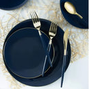 Luxurious navy blue dinnerware set with an elegant gold rim, featuring two glossy plastic plates. Perfect for upscale dining, special occasions, and modern table settings.