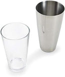 Houdini 24oz Boston cocktail shaker with a clear glass base and stainless steel top, displayed on a white background.